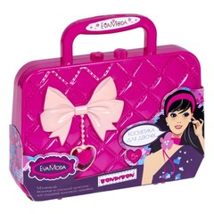 Набор детской декор. косметики Bondibon Eva Moda, BOX 20*5,5*17,8 см; косметичка-сумочка с бантиком, тени для век 7 оттенков (5,4г),помада 2 оттенка (1г), блеск для губ 12 оттенков (9,6г), аппликатор 1шт., кисточка 1шт., 2 резиночка для волос, арт.77026.